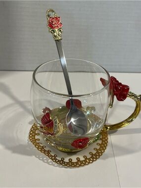Glass Tea Cup with Red Rose & Butterfly Accents